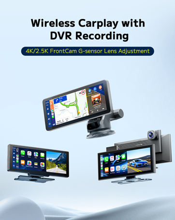 Wireless CarPlay system with DVR recording capability showing multiple display modes and mounting options. Features 4K/2.5K front camera with G-sensor lens adjustment.