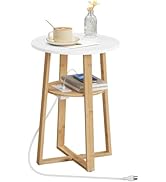HOOBRO Round Side Table with Charging Station, Round Accent End Table with Bamboo Legs for Living...