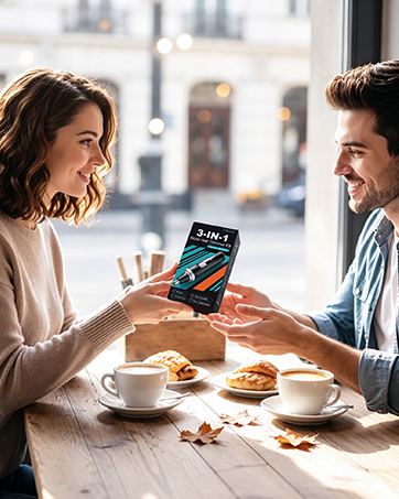 Two people at a café table holding and viewing a mobile device together, with coffee cups and pastries visible, demonstrating product interaction in casual social setting.
