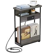 YEAKOO Narrow Side Table with Charging Station, 3-Tier End Table with 2 USB Ports &amp; Power Outlets...