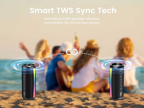 Text reads 'Smart TWS Sync Tech'. Promotional images showing wireless speakers on beach sand with syncing technology visualization between devices.