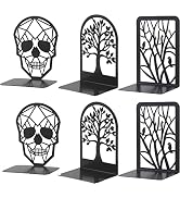 3Pairs Metal Bookends Skull Decorative, Fortune Tree Design and Resting Bird Design, Decorative B...
