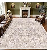 6x9 Floral Living Room Rug: Vintage Beige Washable Rug Floral Soft Carpet Indoor Floor Non-Slip B...