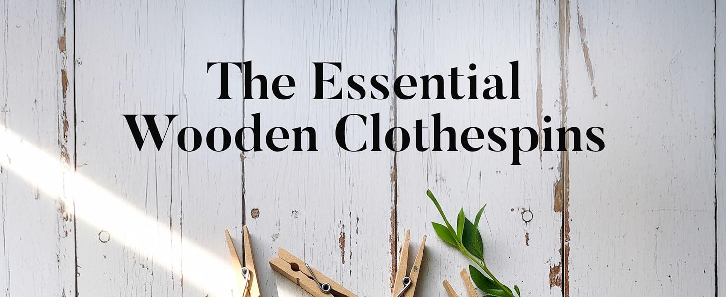 Text reads 'The Essential Wooden Clothespins'. Product image showing wooden clothespins against weathered white wooden background.