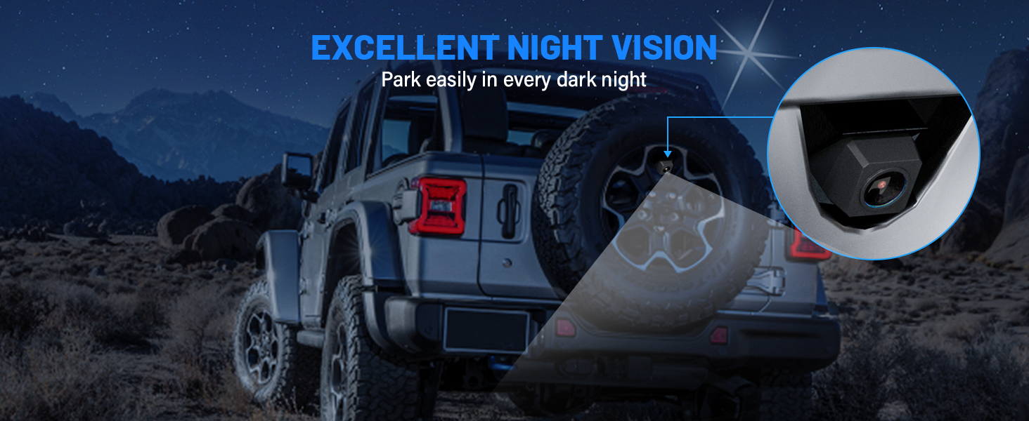 CMOS, bullet-style camera mounts conveniently behind your spare tire with a simple mounting bracket