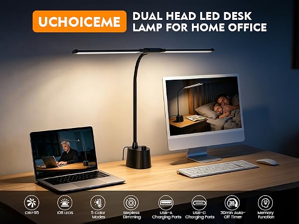 Desk Lamp with USB A+C Charging Ports,Desk Light for for Home Office,Reading Light Table Lamp