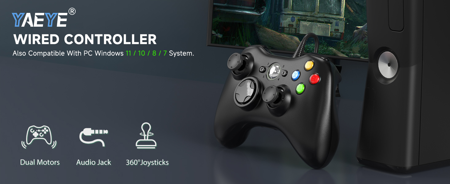 YAEYE wired controller for Xbox 360 with dual motors, audio jack, for PC Win 11/10/8/7