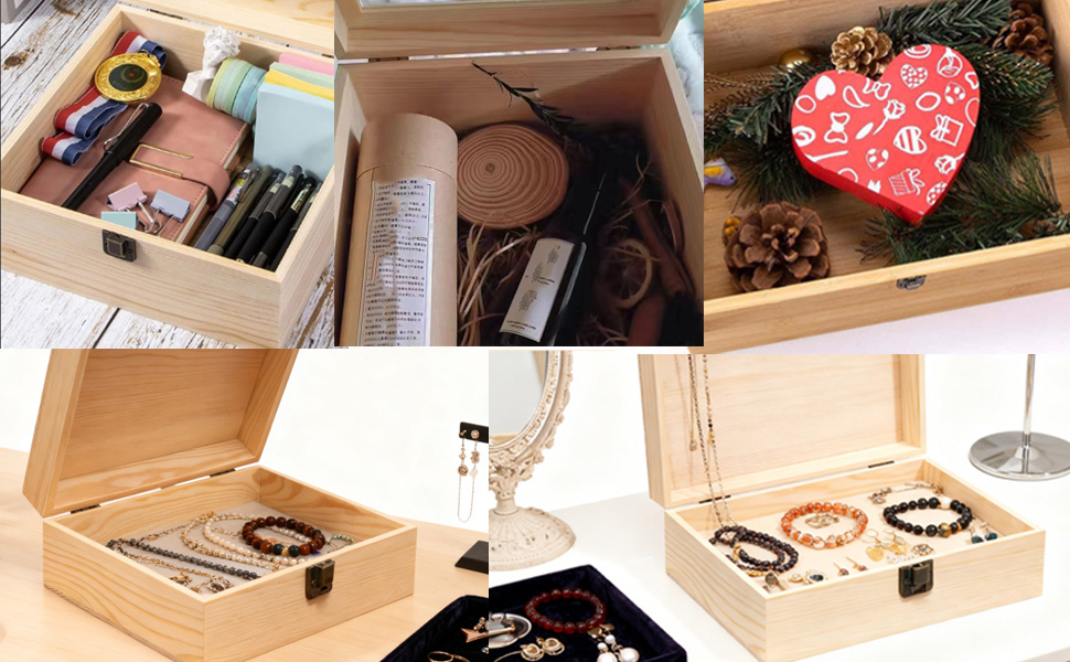 Wooden Box with Lid 8.26x6x3 Inch – Small Natural Wood Box for Crafts and Storage
