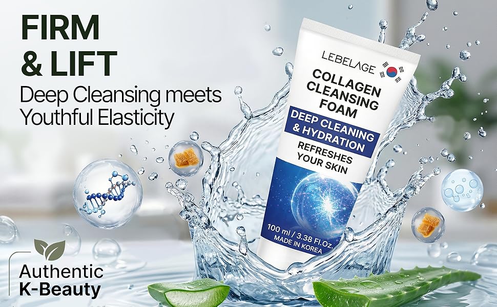 Deeply moisturizing collagen cleansing foam splashing in water with aloe and firming molecules