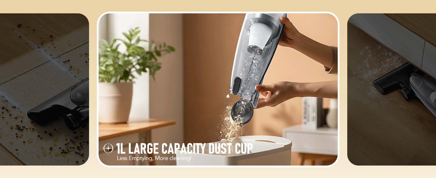 The large 1-liter dust cup supports whole-home cleaning without frequent emptying