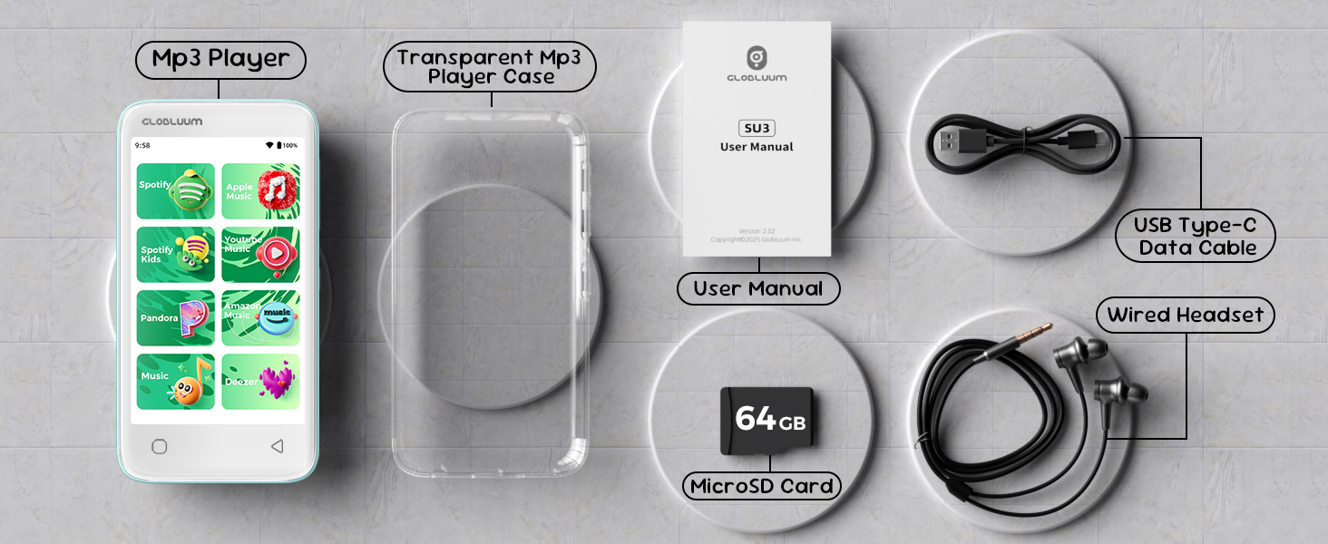 Box contents: MP3 player, clear case, user manual, USB-C data cable, wired headset, MicroSD card.