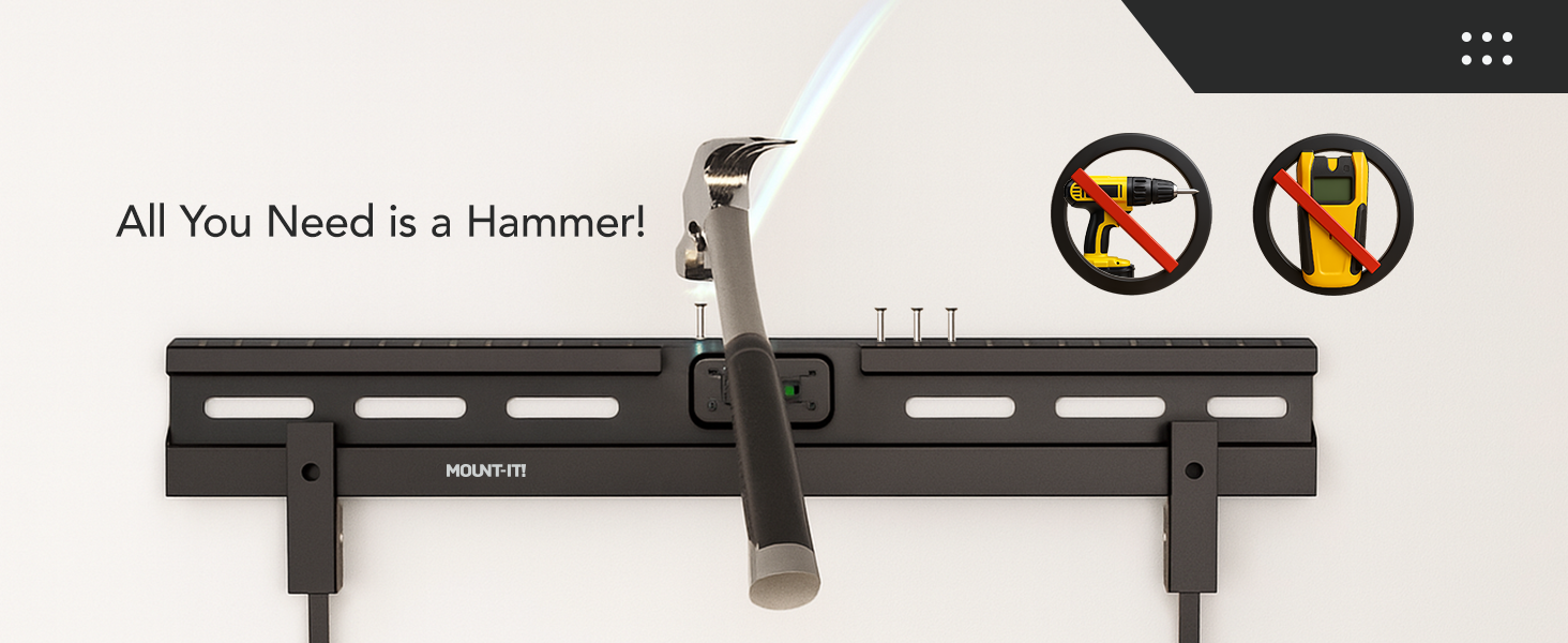 Quick, easy install: hammering nails into studless TV wall mount rail with level
