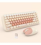 Cute Compact Wireless Keyboard and Mouse Combo, 84 Typewriter Style Candy Color Round Keys, Cat S...