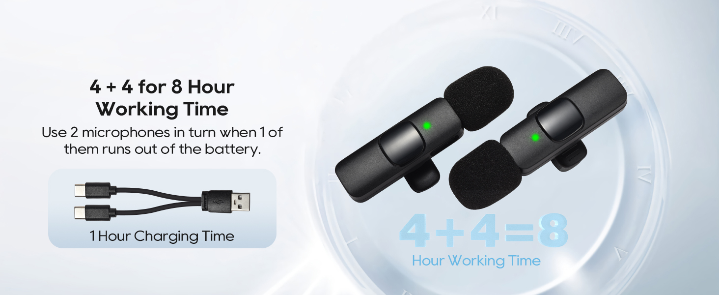 4 + 4 for 8 Hour Working Time mics for vlogging clip on microphone