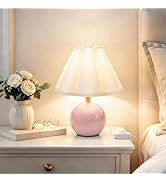 Komothala Bedside Table Lamp, Ceramic Stepless Dimmable Lamp with Scalloped Fabric Shade,Decorati...
