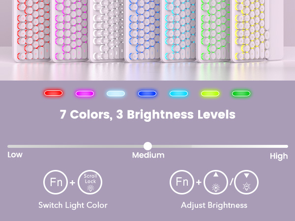 Backlit keyboard lighting showing 7 colors, 3 brightness levels, and Fn key for adjusting light