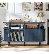 LELELINKY Large Round Record Player Stand with Charging Station &amp; Fluted Panel, Blue Mid Century ...