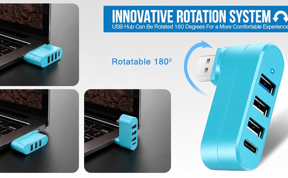 4-Port USB 3.0 Hub [90°/180° Degree Rotatable], USB Splitter USB Extender for Laptop, Car, Blue