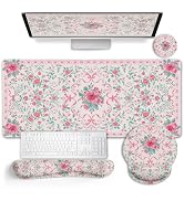 LIMKRIAN Pink Floral Desk Mat, Ergonomic Mouse Pad Set with Wrist Rest | Non-Slip PU Base, Stitch...