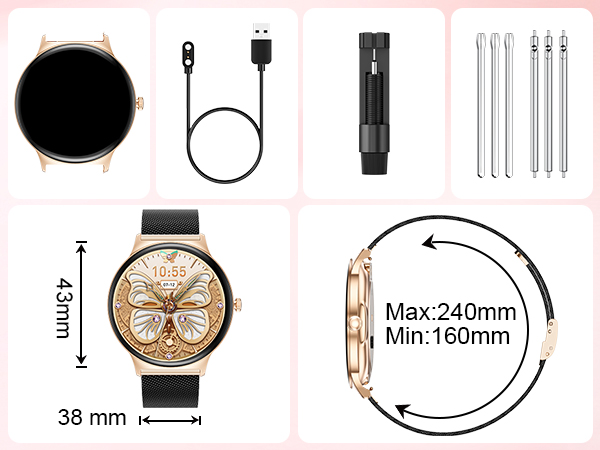 Smartwatch product specifications showing 38mm case diameter, USB charging cable, accessories, and adjustable band length from 160mm to 240mm.