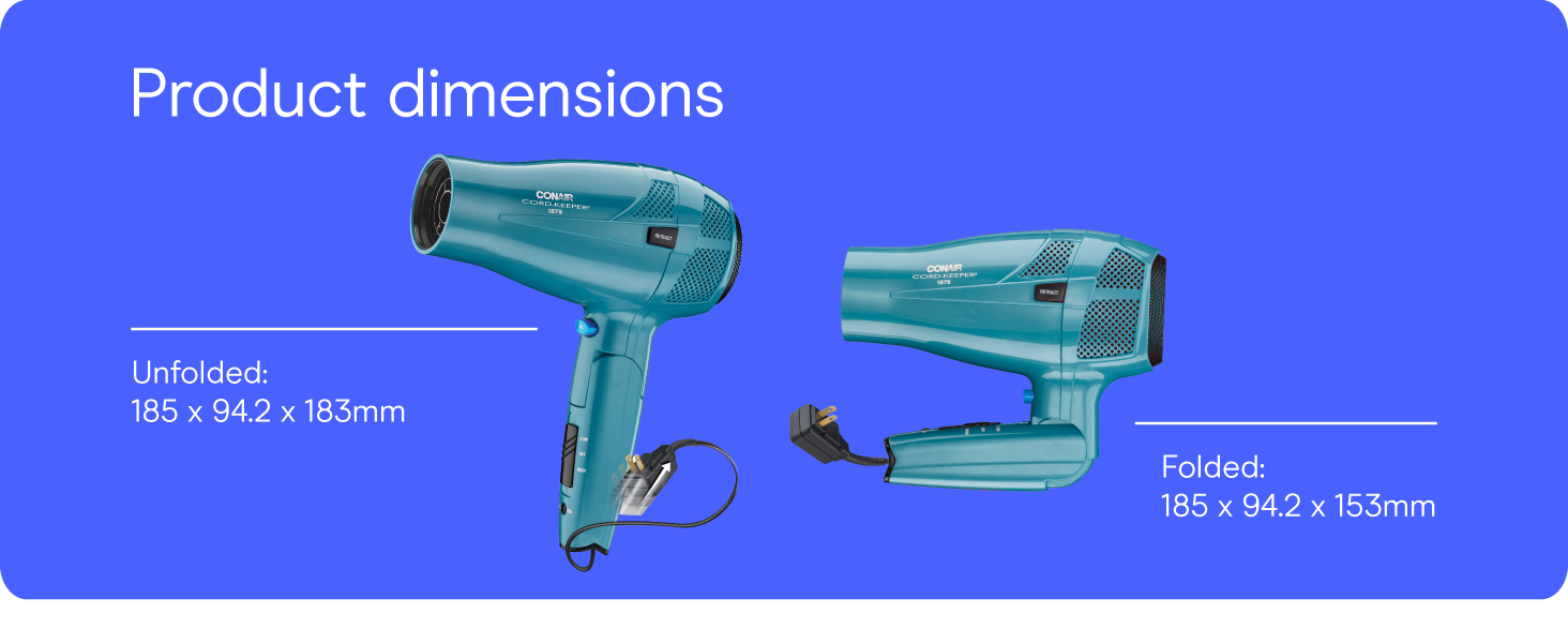 Conair small, mini, and compact hair dryer for travel. Handle folds for easy storage.