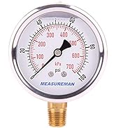 MEASUREMAN 2-1/2" Dial Size, Glycerin Filled Pressure Gauge, 0-100psi/kpa, 304 Stainless Steel Ca...