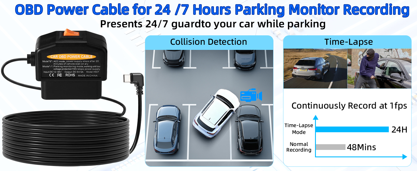 Dash Cam Hardwire Kit USB C, OBD2 to Type-C Adapter Hardwire Kit with 24/7 Parking Mode