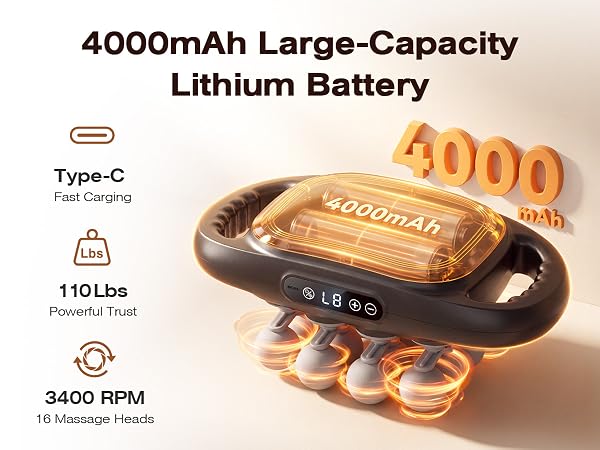 16-head back massager shown with 4000mAh battery, Type-C charging, and 3400 RPM motor.