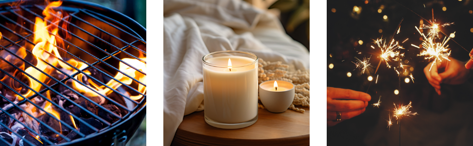 electric lighter, bbq grill, candle, sparklers