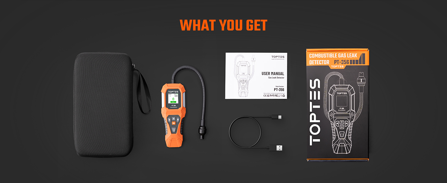 WHAT YOU GET: 1*PT-356 GAS LEAK DETECTOR, 1* CHARGING CABLE, 1* STORAGE CASE, 1* USER MANUAL