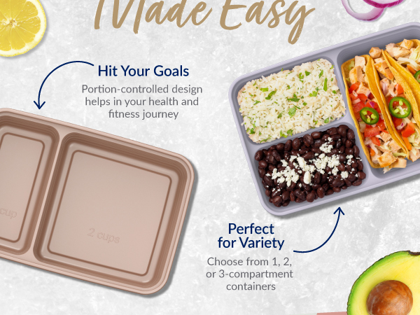 portion controlled containers, portion control, reusable containers, reusable meal prep containers