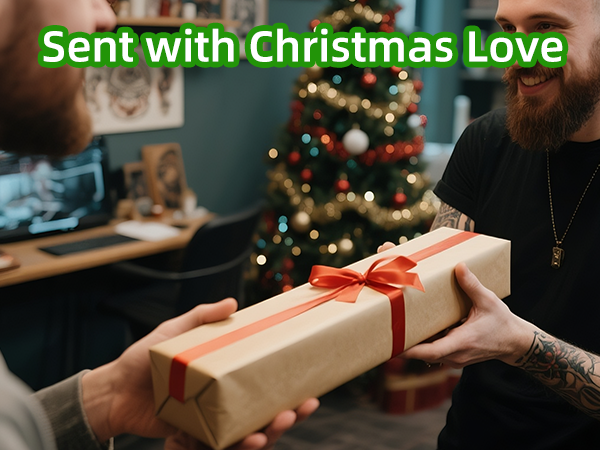 Text reads 'Sent with Christmas Love'. Multiple images of wrapped gifts in kraft paper with red ribbons, shown against Christmas tree and holiday decoration backgrounds.