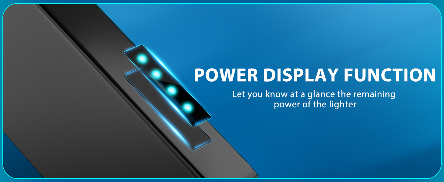 Close-up of a black electronic device with blue LED lights. Text overlay reads 'POWER DISPLAY FUNCTION' and describes remaining power indication.