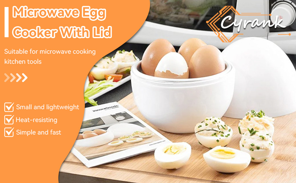 White microwave egg cooker with lid, shown with cooked eggs. Product features include small size, heat-resistance, and fast cooking for microwave use.