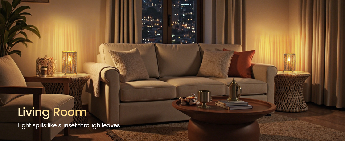 Text reads 'Living Room'. Interior shots of modern living room with ambient lighting, showing cozy seating arrangement in evening setting.