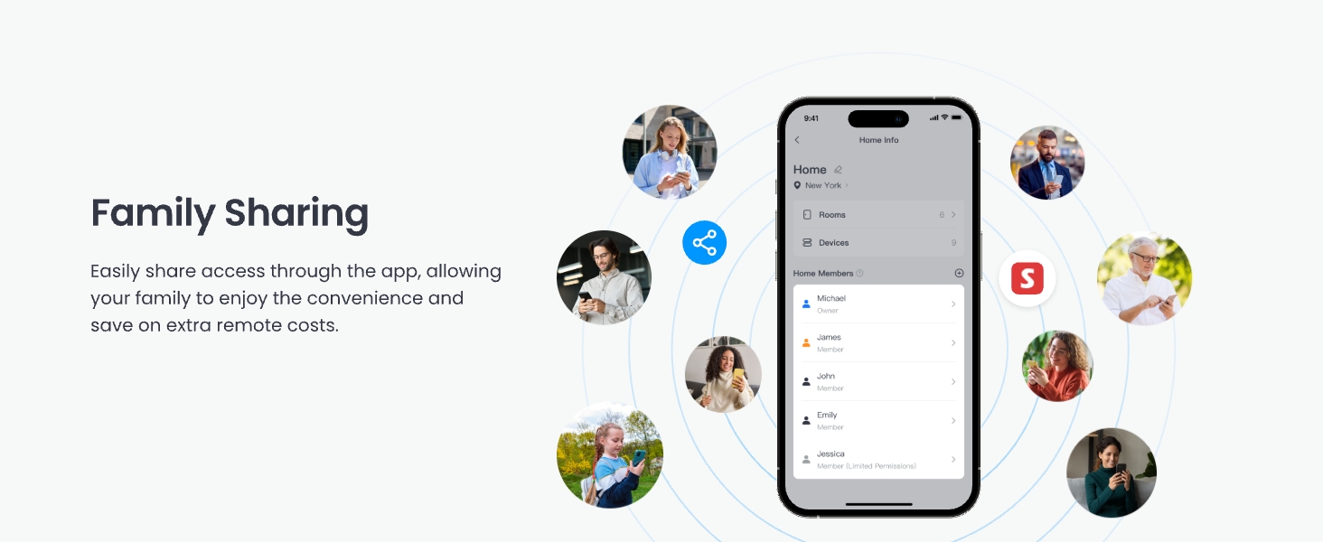 Smartphone displaying a family sharing app interface, surrounded by circular profile images. Text describes family sharing features for saving on service costs.