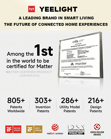 Text reads "YEELIGHT" "A LEADING BRAND IN SMART LIVING" "THE FUTURE OF CONNECTED HOME EXPERIENCES" "Among the 1st in the world to be certified for Matter" "805+ Patents Worldwide" "303+ Patents" "286+ Utility Models" "216+ Patents". Brand overview graphic with certification badge and patent statistics.