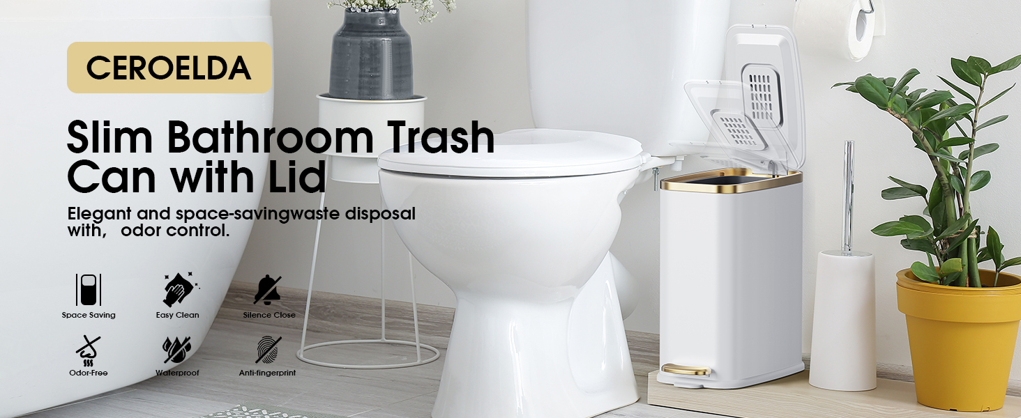 Slim and Compact Trash Can with Lid for Bathroom