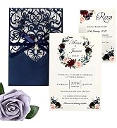 DreamBuilt 5X7.2 Inch 50PCS Blank Laser Cut Navy Blue Wedding Invitations With Rsvp Cards And Env...