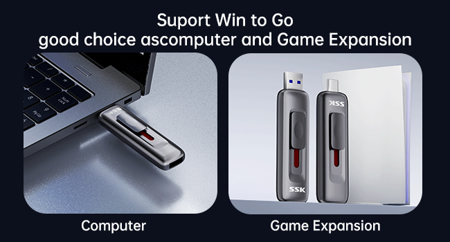 Text reads 'Support Win to Go' and 'good choice ascomputer and Game Expansion'. Split image showing USB port insertion and expansion device slots.
