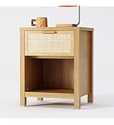 YAUKOMEL Rattan Nightstand, Farmhouse Bedside Table with Opening Storage,Large Side Table with Dr...