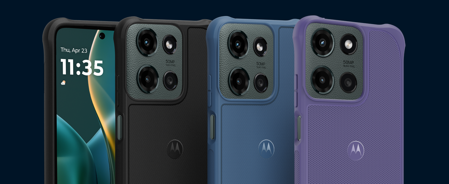 motorola moto g 2025 rugged protective cases in black, dusk blue, and daybreak