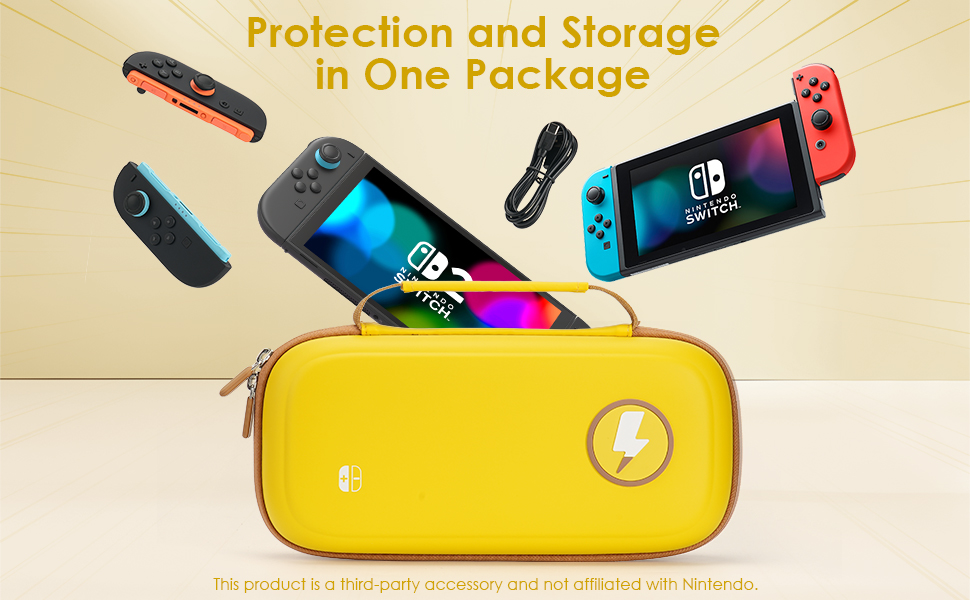 Text reads 'Protection and Storage in One Package'. Yellow Nintendo Switch carrying case with game cartridges and console accessories displayed around it.