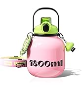 Sidagar Big Water Bottle with Straw and Carry Handle, 60 oz Pink Wide Mouth Vacuum Insulated Stai...