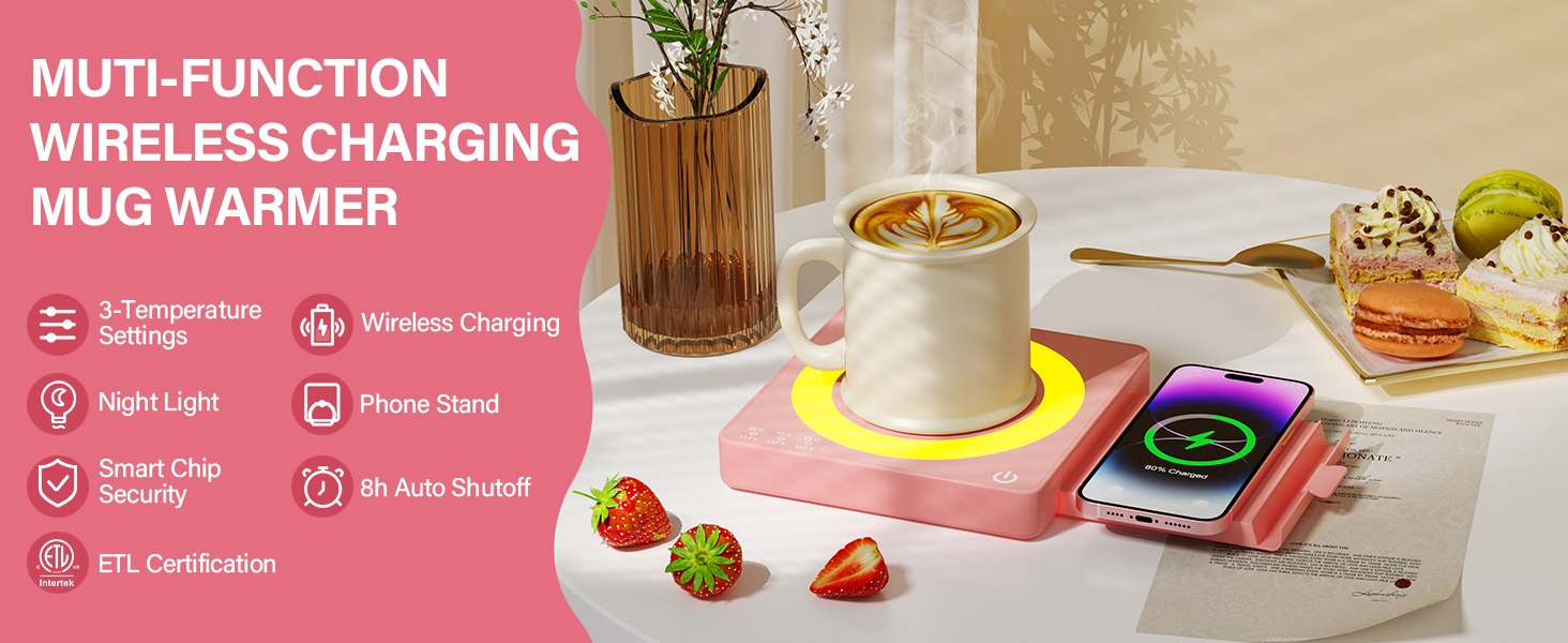 mug wamer with wireless charging, 3 temperature settings, 8 hour auto shutoff, ETL certification