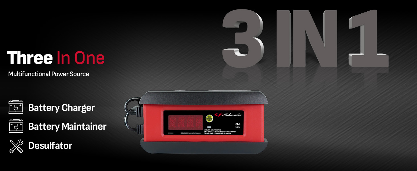 3 functions in 1 device: Car battery charger, battery maintainer, and desulfator.