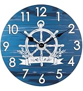Nautical Wall Clock - Rustic Beach Coastal Glass Clock with Ship Steering Wheel for Bathroom,Kitc...