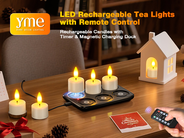Text reads: 'LED Rechargeable Tea Lights with Remote Control'. Multiple electric candles glowing on wooden surface with remote control, demonstrating different lighting scenarios.
