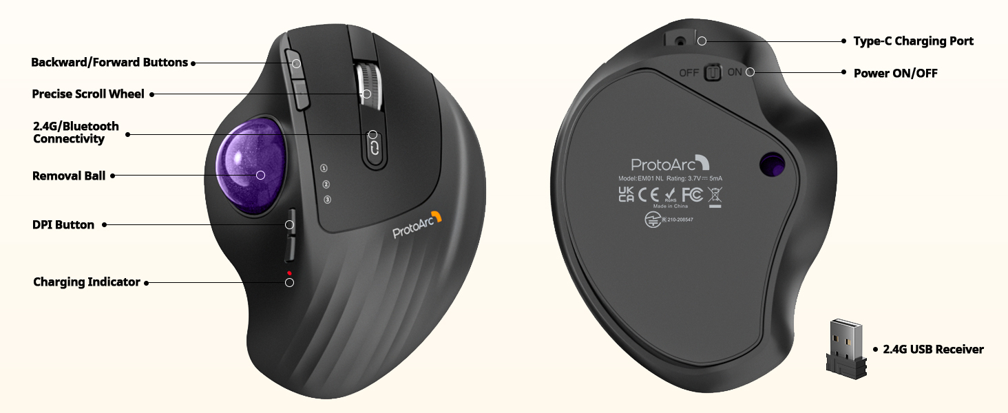 EM01 NL Ergonomic Trackball Mouse