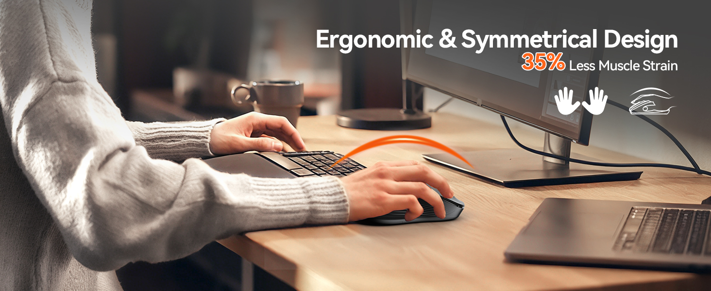 Text reads 'Ergonomic &amp; Symmetrical Design'. Close-up of hands using computer mouse on desk with laptop visible.
